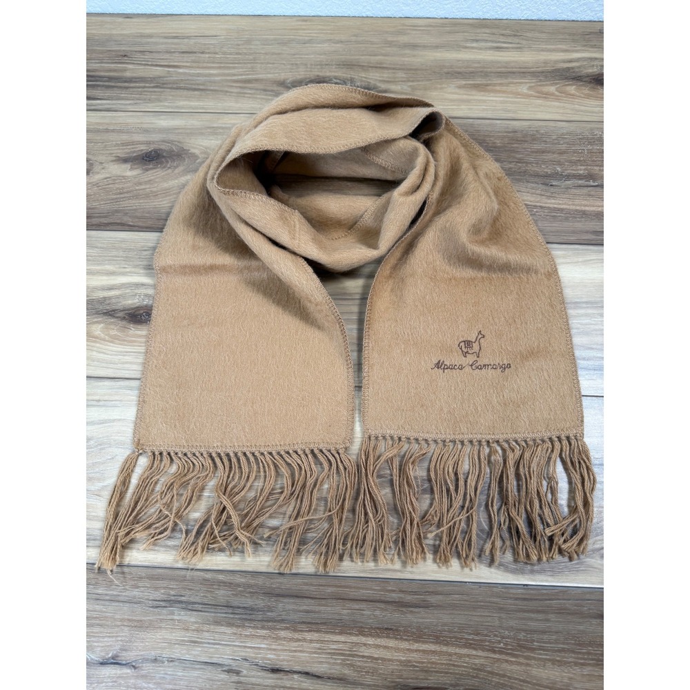 Alpaca Camargo 68 inch Luxury Scarf  Tan Fringe Embroidered Logo Cozy Warm